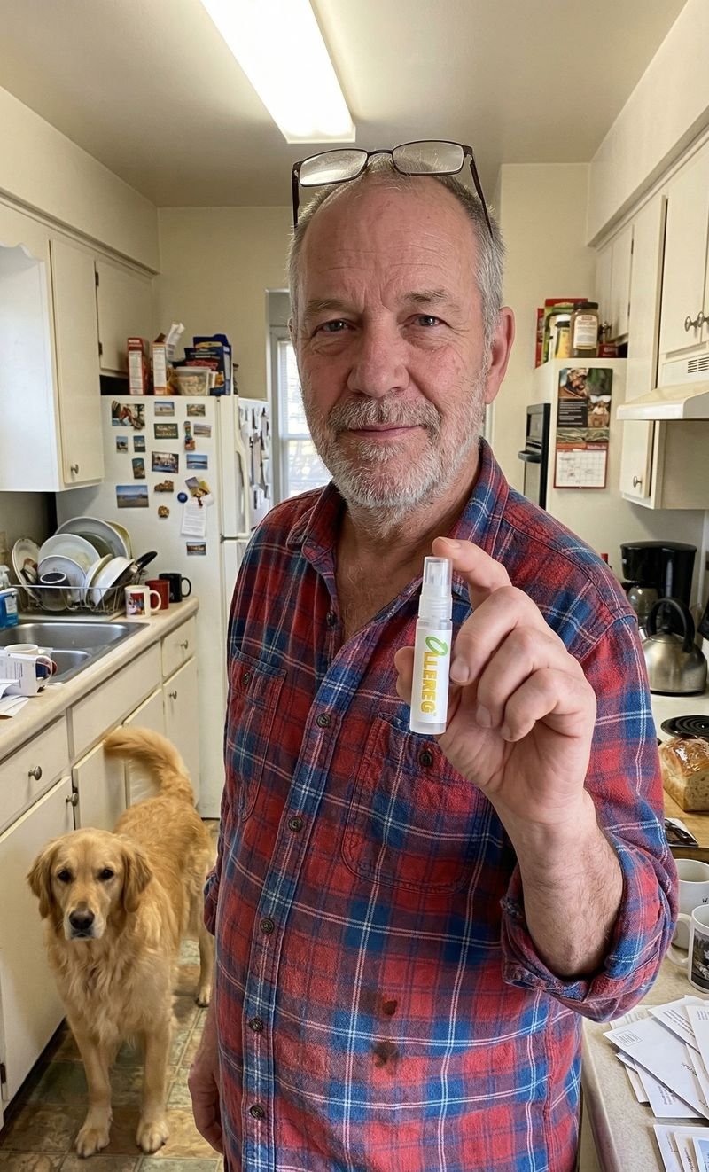 Man with his golden retriever, holding OLLEREG spray