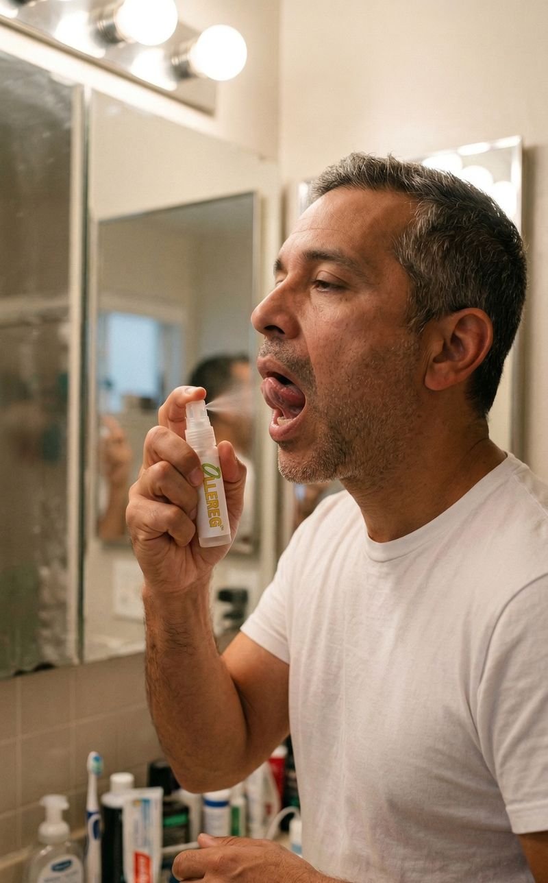 Customer using the OLLEREG at-home allergy spray